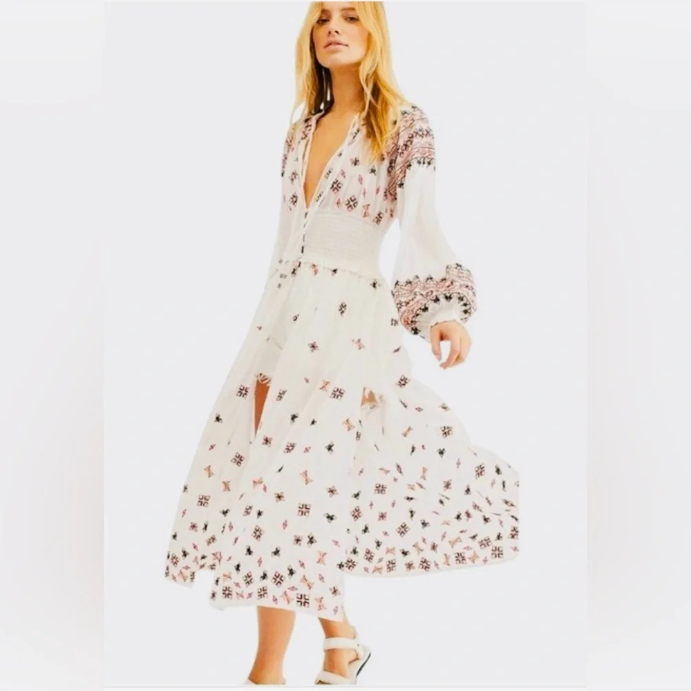 Free People White and Pink Embroidered Tunic